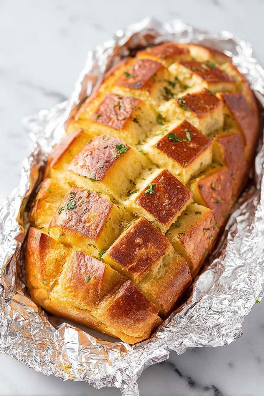 A golden brown loaf of bread wrapped in shiny silver foil sits on a white marbled surface. The bread is sliced deeply in a crisscross pattern, creating small square sections on the top, each with a crispy crust that shows slight browning on the edges. Inside the cuts, the soft, light yellow interior is visible with bits of green herbs sprinkled throughout. The foil is slightly crinkled, holding the warm loaf in place and reflecting light softly. photo taken with an iphone --ar 4:5 --v 7