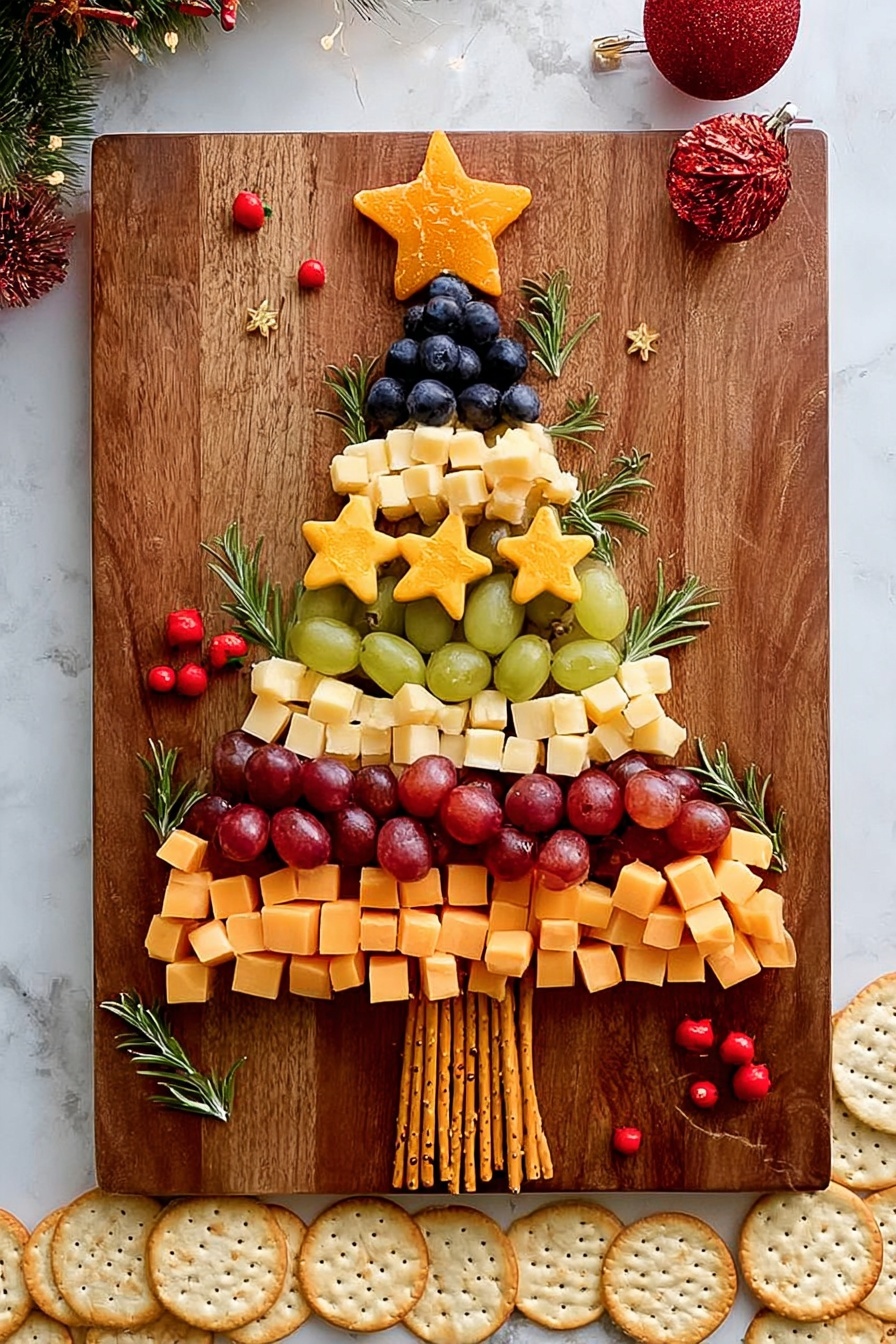 A wooden board with a Christmas tree shape made of five layers: the top layer is small dark purple grapes, below it is a layer of light yellow cheese cubes, then a layer of green grapes, followed by pale cheese cubes with red specks, then a layer of dark red grapes, and the bottom layer is orange and white marbled cheese cubes. At the very bottom, pretzel sticks form the tree trunk, and sprigs of green rosemary are placed between the layers and around the sides on a white marbled surface. photo taken with an iphone --ar 4:5 --v 7
