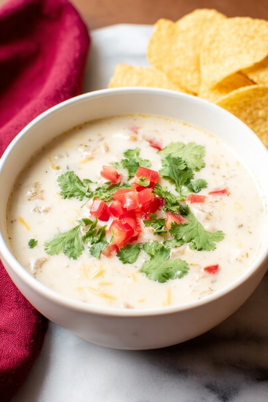 A white bowl filled with creamy, light beige soup, topped with small pieces of red tomato and green cilantro leaves scattered on the surface. The bowl sits on a wooden board with a stack of pale yellow tortilla chips on the right side. Behind the bowl, a textured dark red cloth is casually folded. The whole scene is placed on a white marbled surface. photo taken with an iphone --ar 4:5 --v 7