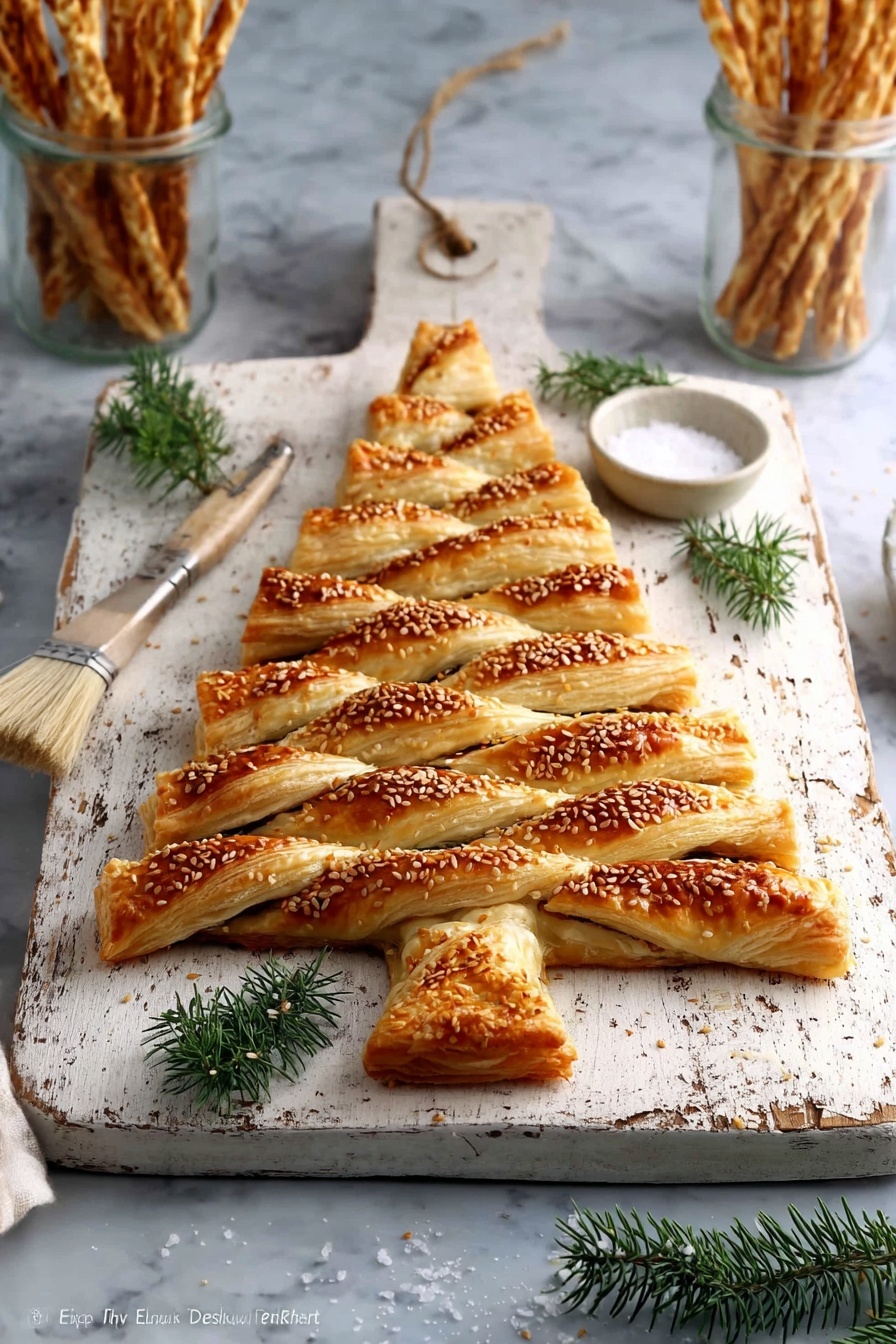 A pastry shaped like a Christmas tree sits on a white wooden board with a cracked paint texture, placed on a dark brown wooden table. The pastry has three layers: the base layer is golden-brown puff pastry twisted into branches on both sides, showing a flaky texture with sesame seeds sprinkled on top, the middle layer is a straight stripe of puff pastry covered with sesame seeds running vertically down the center, and the top forms a small triangular point. Around the board, there are decorative green pine leaves. To the left, a small white bowl with coarse salt and a jar with a light brown spread and a wooden spoon are placed next to a beige pastry brush with a wooden handle. On the right, clear glass containers hold more twisted puff pastry sticks, with one stick lying on the wooden table near the bottom right corner. The overall scene is styled simply and naturally with a rustic feel, photo taken with an iphone --ar 4:5 --v 7