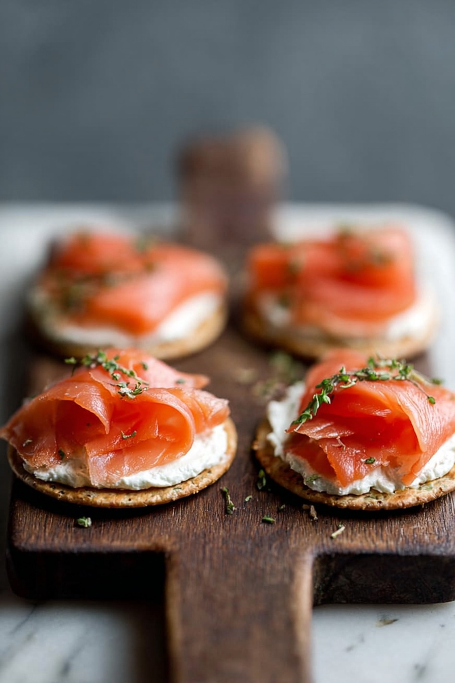 The image shows four small round crackers arranged on a dark wooden board with a handle that is out of focus in the foreground. Each cracker has a base layer of white creamy spread, topped with thin slices of bright pinkish-orange smoked salmon, folded loosely to create texture and volume. Tiny green herb pieces, likely chives, are sprinkled on top, adding color contrast. The background is blurry and softly lit, with the surface beneath the board changed to a white marbled texture for the prompt. photo taken with an iphone --ar 4:5 --v 7