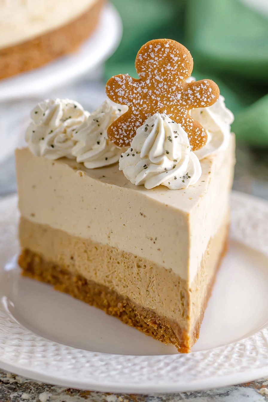 A round cake with two main layers: a thick, crumbly golden brown base and a smooth light beige cream layer on top. Around the edge on the top, there are evenly spaced swirls of white cream with small brown speckles and gingerbread-shaped cookies standing upright between each swirl. The cake sits on a white, ruffled cake stand with some light brown rectangular cookies scattered below it on a white marbled surface. Photo taken with an iphone --ar 4:5 --v 7