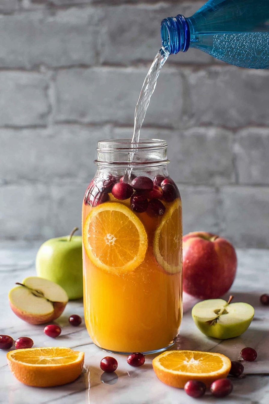 Two clear stemmed glasses filled with light orange juice, each garnished with a slice of bright orange, a slice of green apple, and three red cranberries resting on top. Behind them is a tall clear glass pitcher also filled with the same light orange liquid, with slices of orange and apple visible inside and cranberries floating on top. The glasses and pitcher sit on a white marbled surface scattered with whole and halved green apples, halved oranges, and loose cranberries. The rims of the glasses have a delicate thin gold decorative band. photo taken with an iphone --ar 4:5 --v 7