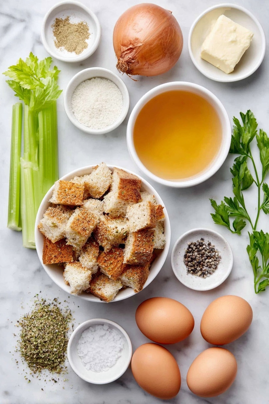 Flat lay of a small white ceramic bowl of dry seasoned bread cubes, a medium whole uncracked brown onion, two bright green celery ribs, a small white ceramic bowl with a portion of unsalted butter, two whole uncracked brown eggs with clean shells, a small white ceramic bowl of golden chicken broth, a little heap of dried poultry seasoning herbs, a small white ceramic bowl of fine garlic powder, a small white ceramic bowl of salt crystals, a small white ceramic bowl of black pepper, and a few sprigs of fresh green parsley placed neatly on a clean white marble surface, soft natural light, photo taken with an iPhone, professional food photography style, fresh ingredients, white ceramic bowls, no bottles, no duplicates, no utensils, no packaging --ar 2:3 --v 7 --p m7354615311229779997 - Stuffing Balls, Stuffing Balls Recipe, Easy Stuffing Balls, Holiday Side Dishes, Comfort Food Recipes