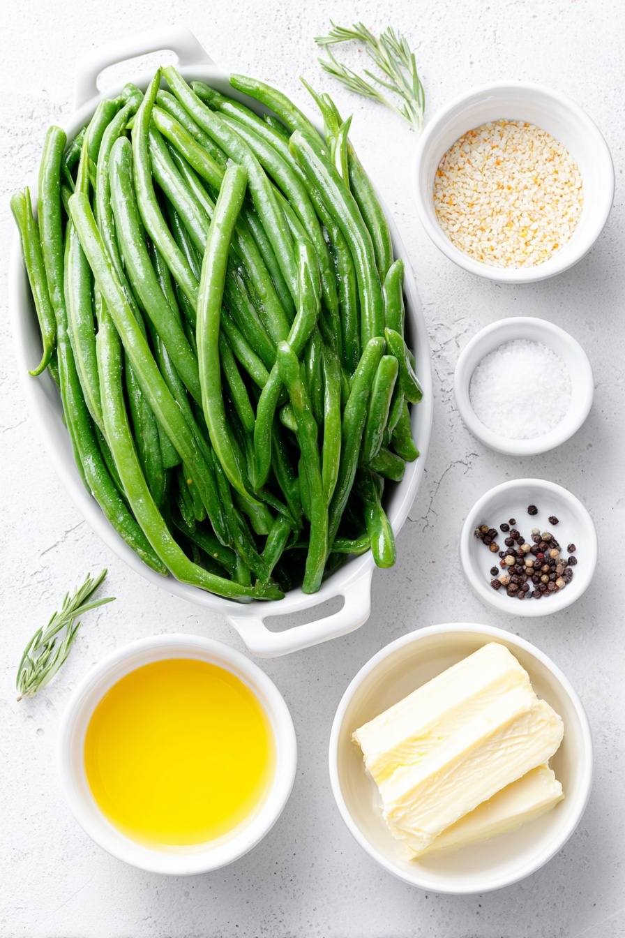 Flat lay of fresh green beans with ends trimmed, a small white ceramic bowl of coarse grain mustard with visible mustard seeds, a small white ceramic bowl of smooth Dijon mustard, a small white ceramic bowl containing melted golden butter, a small white ceramic bowl with lemon juice freshly squeezed, a few grains of kosher salt scattered beside a tiny mound, a small pile of whole black peppercorns, all arranged in perfect symmetry on a clean white ceramic surface, placed on a clean white marble surface, soft natural light, photo taken with an iPhone, professional food photography style, fresh ingredients, white ceramic bowls, no bottles, no duplicates, no utensils, no packaging --ar 2:3 --v 7 --p m7354615311229779997 - Green Beans with Mustard Butter Sauce, green beans side dish, easy vegetable recipes, quick healthy side dish, flavorful green bean recipe