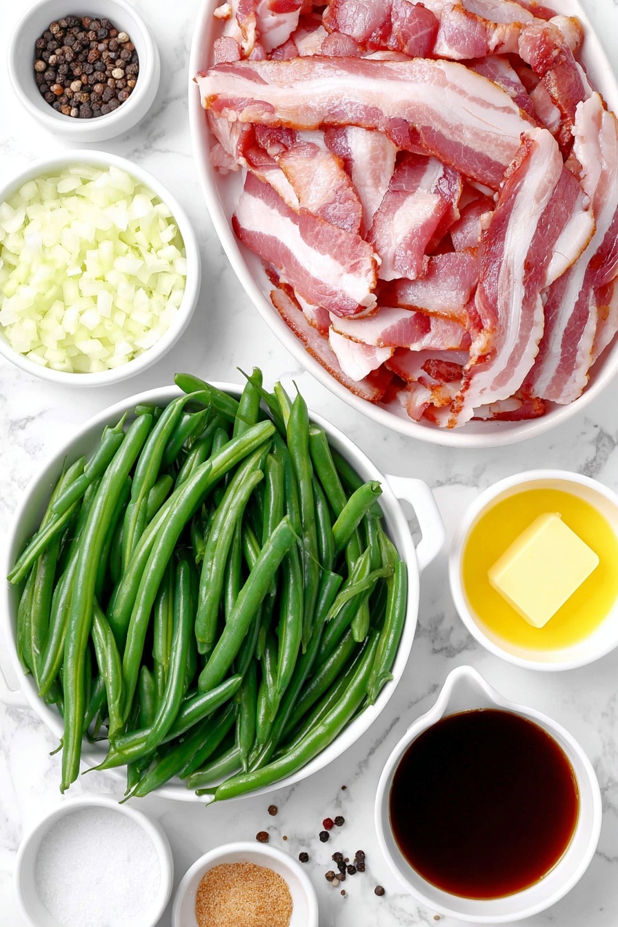 Flat lay of chopped crispy bacon slices, diced yellow onion in a small white bowl, a small white bowl of minced garlic, fresh green beans trimmed and cut into 1-inch pieces spread neatly, a small white bowl filled with golden butter, a small white bowl of dark brown Worcestershire sauce, a small white bowl with light brown granulated brown sugar, a small white bowl with clear vegetable broth, scattered salt crystals and whole black peppercorns, placed on a clean white marble surface, soft natural light, photo taken with an iPhone, professional food photography style, fresh ingredients, white ceramic bowls, no bottles, no duplicates, no utensils, no packaging --ar 2:3 --v 7 --p m7354615311229779997 - Crock Pot Green Beans with Bacon, green beans slow cooker, bacon green bean side dish, easy green bean recipe, healthy vegetable side dish