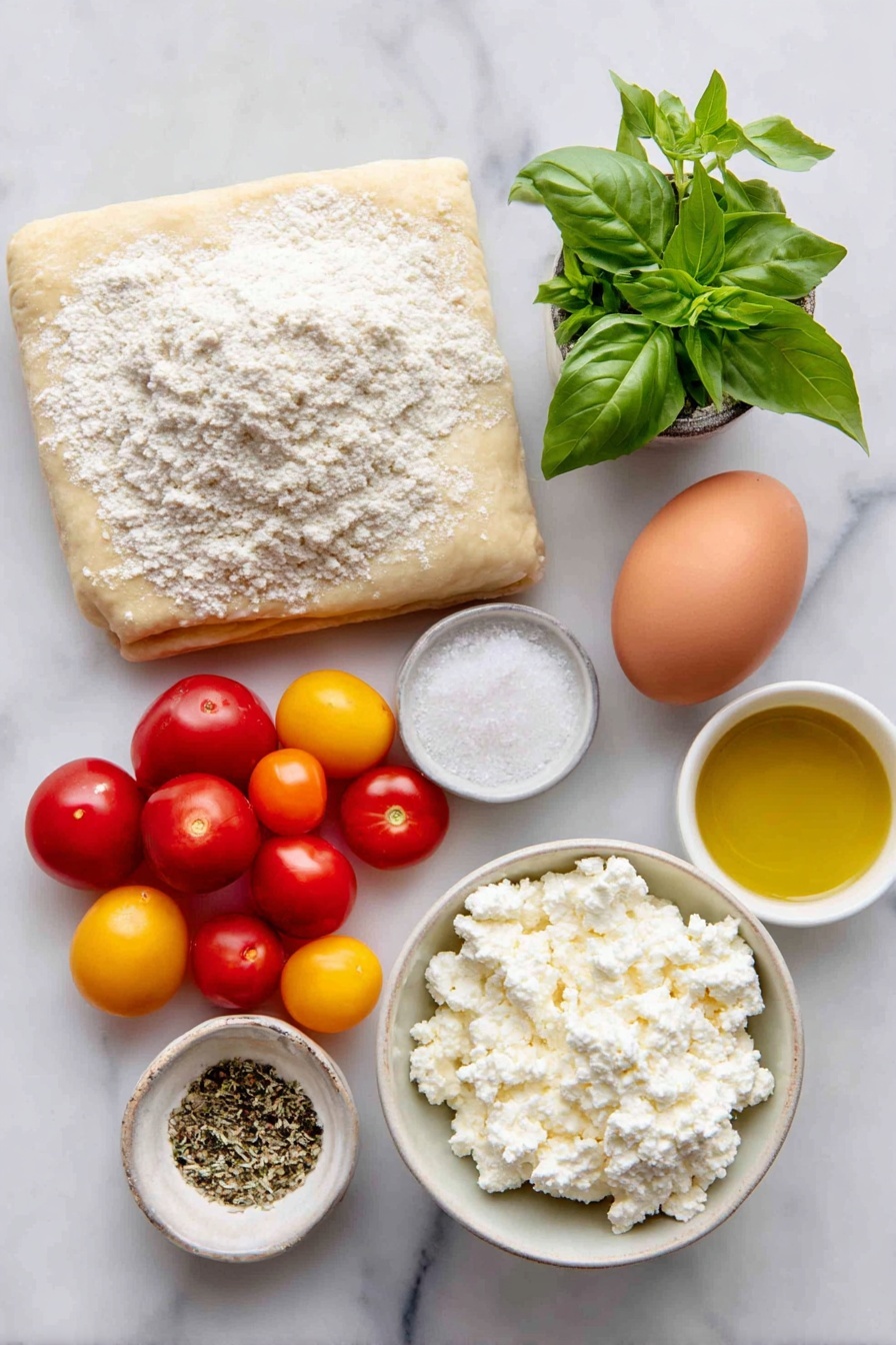 Flat lay of a fresh sheet of golden puff pastry, one whole uncracked brown egg, a small mound of creamy whole milk ricotta cheese on a simple white ceramic plate, a small white bowl filled with finely grated Parmigiano-Reggiano, a handful of bright green fresh basil leaves, a small white bowl of flaky sea salt crystals, a small white bowl of freshly ground black pepper, a few sprigs of dried oregano, a few sprigs of garlic powder in a small white bowl, a cluster of vibrant halved mini heirloom tomatoes in red, yellow, and orange hues, and a small white bowl of golden olive oil, all arranged in perfect symmetry on a clean white marble surface, soft natural light, photo taken with an iPhone, professional food photography style, fresh ingredients, white ceramic bowls, no bottles, no duplicates, no utensils, no packaging --ar 2:3 --v 7 --p m7354615311229779997 - Tomato Ricotta Puff Pastry Tartlets, easy appetizer recipes, savory tartlets, flaky puff pastry recipes, roasted tomato appetizers