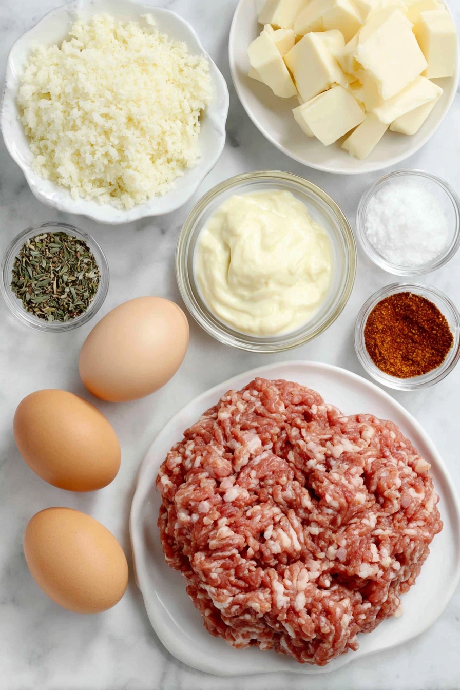 Flat lay of fresh raw ground chicken in a mound, finely chopped smoked ham scattered beside it, two whole brown eggs with clean shells, small white ceramic bowls each containing garlic powder, onion powder, smoked paprika, dried thyme, salt, and freshly ground black pepper, a small white ceramic bowl filled with creamy Dijon mustard, a neat pile of golden Panko bread crumbs on a white ceramic plate, Swiss cheese cut into perfect half-inch cubes arranged neatly on a white ceramic dish, all ingredients arranged symmetrically with balanced proportions, placed on a clean white marble surface, soft natural light, photo taken with an iPhone, professional food photography style, fresh ingredients, white ceramic bowls, no bottles, no duplicates, no utensils, no packaging --ar 2:3 --v 7 --p m7354615311229779997 - Air Fryer Chicken Cordon Bleu Bites, chicken cordon bleu bites, crispy chicken bites, easy appetizer recipes, party snack ideas