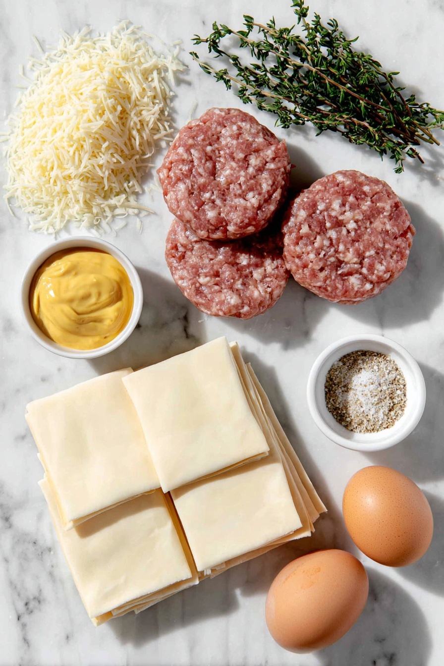 Flat lay of breakfast pork and sage sausage raw and unprocessed, a small mound of freshly grated sharp cheddar cheese, a small heap of golden panko breadcrumbs, two whole uncracked brown eggs, a small white ceramic bowl of bright yellow Dijon mustard, fresh green thyme sprigs with loose leaves, four rectangular sheets of pale puff pastry neatly stacked, a small white ceramic bowl filled with coarse Everything but the Bagel seasoning, a small white ceramic bowl holding glossy amber hot honey, all arranged in perfect symmetry on a clean white marble surface, soft natural light, photo taken with an iPhone, professional food photography style, fresh ingredients, white ceramic bowls, no bottles, no duplicates, no utensils, no packaging --ar 2:3 --v 7 --p m7354615311229779997 - Hot Honey Sausage Rolls with Thyme, Sausage Roll Recipes, Savory Pastry Snacks, Spicy Honey Appetizer, Flaky Sausage Pastry