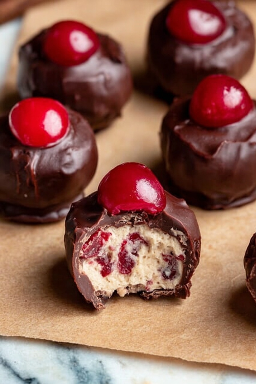 The image shows several small round treats on a brown paper surface with a white marbled background. Each treat has three layers: the outer layer is dark, shiny chocolate with a slightly bumpy texture. Inside, the middle layer is creamy and light-colored with visible tiny red bits, suggesting a soft filling. The top layer is a bright red cherry sitting on each chocolate ball. One treat in front is bitten into, exposing the creamy middle and cherry pieces inside. Photo taken with an iphone --ar 2:3 --v 7 - Cherry Bourbon Balls, bourbon dessert balls, holiday cherry truffles, alcoholic treat recipes, chocolate cherry bites