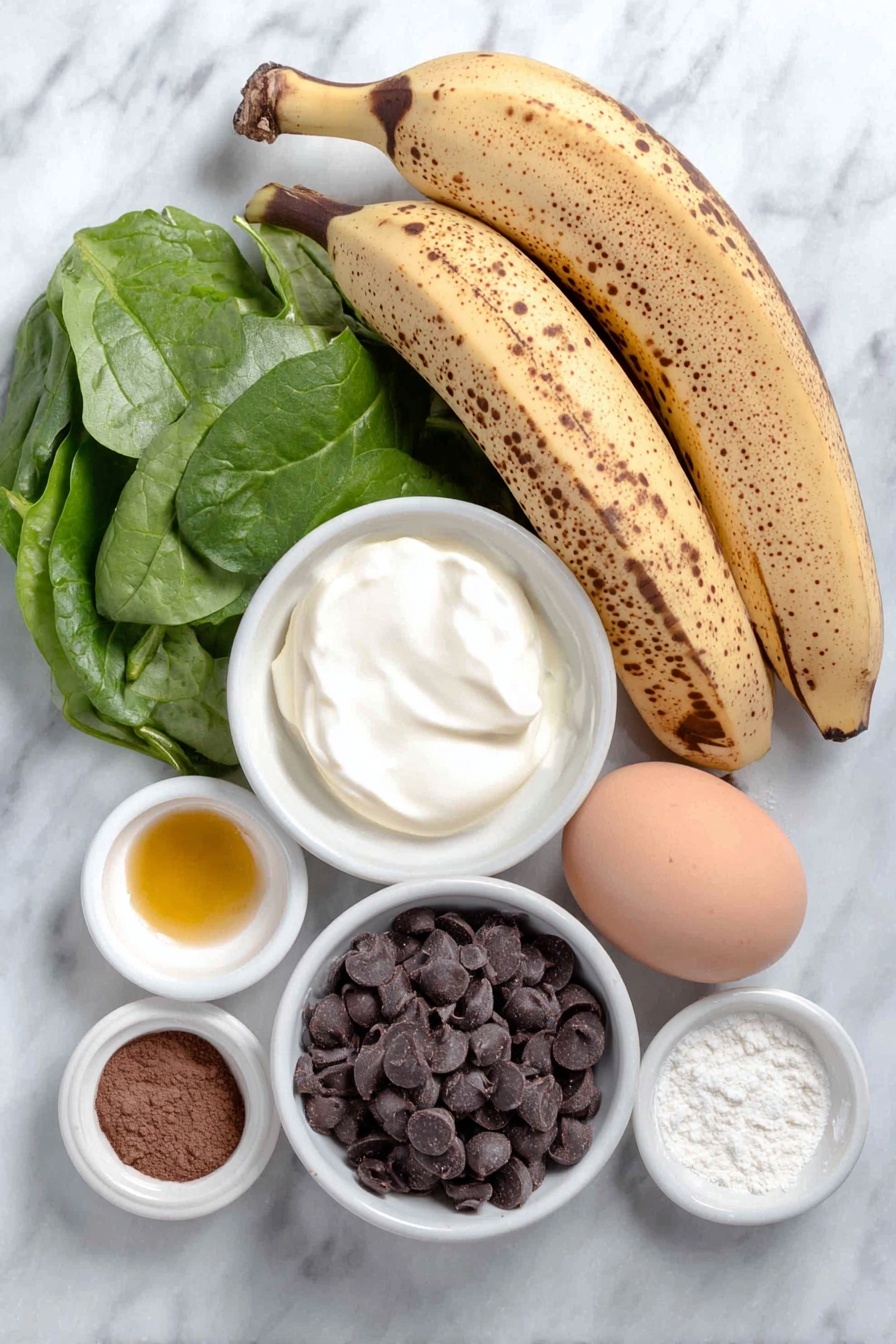 Flat lay of three very ripe bananas with smooth brown spots, two large handfuls of fresh vibrant green baby spinach leaves, a single whole uncracked brown egg, a small white ceramic bowl of creamy white full-fat Greek yogurt, a small white ceramic bowl of amber-colored oil, a small white ceramic bowl of light brown granulated sugar, a small white ceramic bowl of fine white whole wheat flour, a small white ceramic bowl of dark brown cocoa powder, a small white ceramic bowl of smooth pale beige vanilla extract, a small white ceramic bowl of fine sea salt crystals, and a small white ceramic bowl of shiny semi-sweet dark chocolate chips placed on a clean white marble surface, soft natural light, photo taken with an iPhone, professional food photography style, fresh ingredients, white ceramic bowls, no bottles, no duplicates, no utensils, no packaging --ar 2:3 --v 7 --p m7354615311229779997 - Chocolate Spinach Muffins, healthy chocolate muffins, nutritious spinach muffins, easy chocolate muffin recipe, veggie-packed chocolate treats