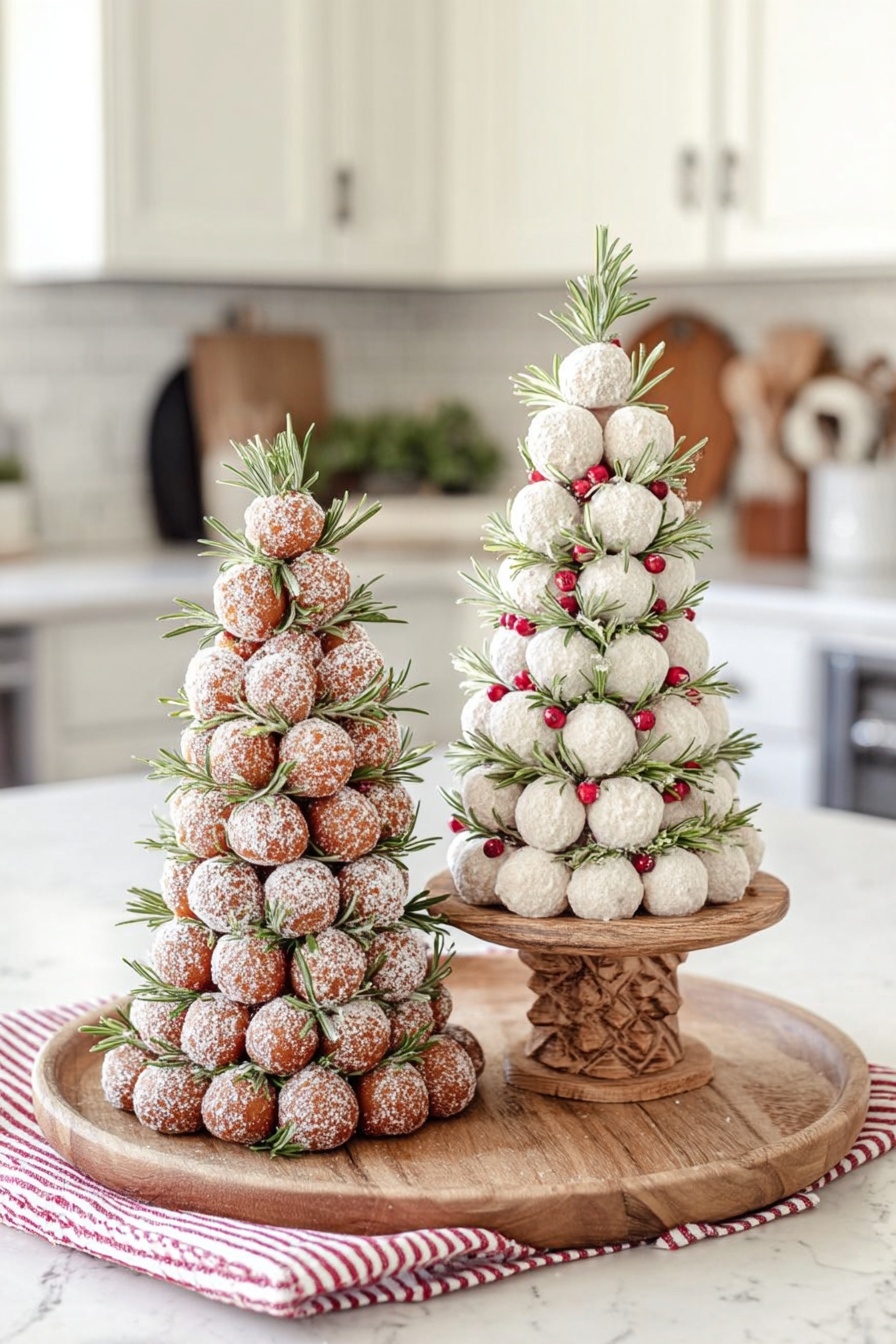 The image shows two cone-shaped towers made of small round balls stacked in neat layers on a round wooden tray with a red-striped cloth on the side. The left tower is made of brown doughnut balls dusted with white powder and decorated with green sprigs of rosemary evenly spaced throughout the layers. The right tower consists of white powdered balls arranged in similar layers with small red berries and sprigs of rosemary tucked between the layers, all standing on a carved wooden pedestal on the tray. The scene is set on a white marbled counter with a blurred kitchen background. photo taken with an iphone --ar 2:3 --v 7 - Christmas Donut Tree, festive holiday dessert, easy Christmas party treat, no-bake holiday dessert, Christmas dessert centerpiece