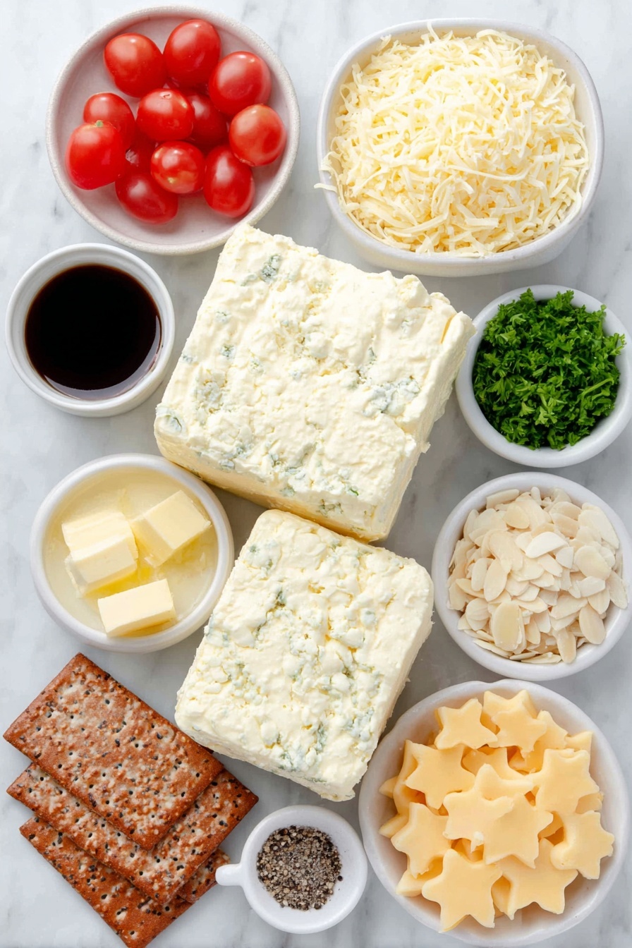 Flat lay of two blocks of soft cream cheese, a small mound of finely shredded bright orange cheddar cheese, a few chopped green onions, a small white bowl of diced red pimientos, a small white bowl with melted golden butter, a small white bowl of Worcestershire sauce, a small white bowl containing pale garlic powder, a small white bowl of coarse kosher salt, a small white bowl of ground black pepper, a dozen halved shiny red cherry tomatoes, a small pile of finely chopped fresh green parsley, a small pile of thinly sliced almonds, a bright yellow pepper cut into star-shaped pieces, assorted crackers and pretzels arranged neatly, all placed on a clean white marble surface, soft natural light, photo taken with an iPhone, professional food photography style, fresh ingredients, white ceramic bowls, no bottles, no duplicates, no utensils, no packaging --ar 2:3 --v 7 --p m7354615311229779997 - Christmas Tree Cheese Ball, festive cheese ball, holiday appetizer ideas, Christmas cheese appetizer, Christmas party food