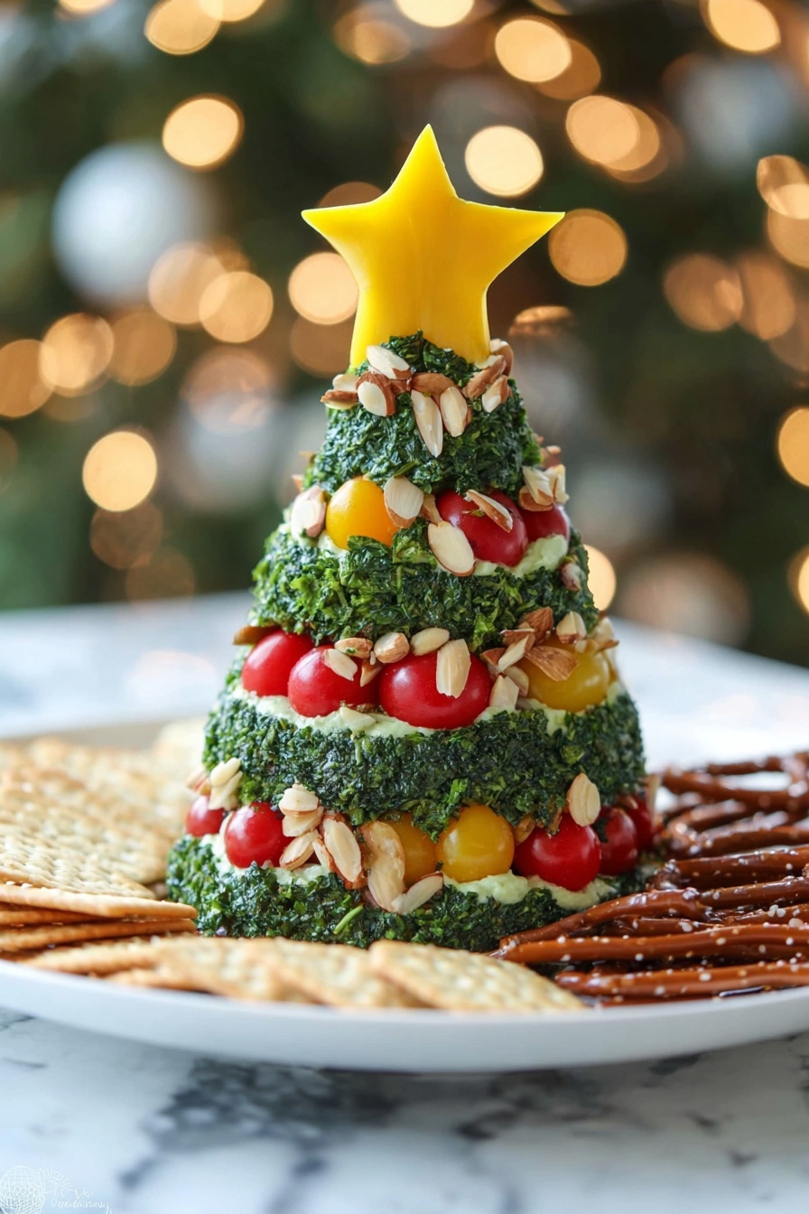 The dish shows a Christmas tree-shaped food sculpture with three main visible layers covered in chopped green herbs. The base layers are decorated with thin slices of light brown almonds arranged like garlands, with bright red cherry tomatoes and small yellow diced pieces like bell peppers placed all over the tree. The top of the tree is finished with a large, star-shaped yellow piece. The tree sits on a white plate with round crackers and dark brown pretzel sticks placed around its base, all on a white marbled surface with warm blurred lights in the background. Photo taken with an iphone --ar 2:3 --v 7 - Christmas Tree Cheese Ball, festive cheese ball, holiday appetizer ideas, Christmas cheese appetizer, Christmas party food