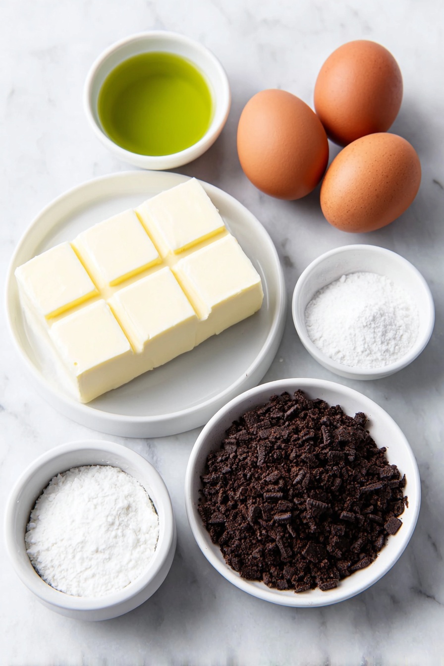 Flat lay of a small mound of dark Oreo cookie crumbs, a few small cubes of pale yellow melted butter on a plain white ceramic plate, two smooth whole brown eggs with clean shells, a soft block of creamy white cream cheese resting on a simple white ceramic dish, a small white ceramic bowl filled with fine white granulated sugar, a small white ceramic bowl holding neon green liquid food coloring, and a small white ceramic bowl of clear vanilla extract, all arranged with perfect symmetry and balanced proportions, placed on a clean white marble surface, soft natural light, photo taken with an iPhone, professional food photography style, fresh ingredients, white ceramic bowls, no bottles, no duplicates, no utensils, no packaging --ar 2:3 --v 7 --p m7354615311229779997 - Grinch Mini Cheesecakes, festive cheesecake recipes, holiday dessert ideas, mini cheesecake desserts, colorful holiday treats