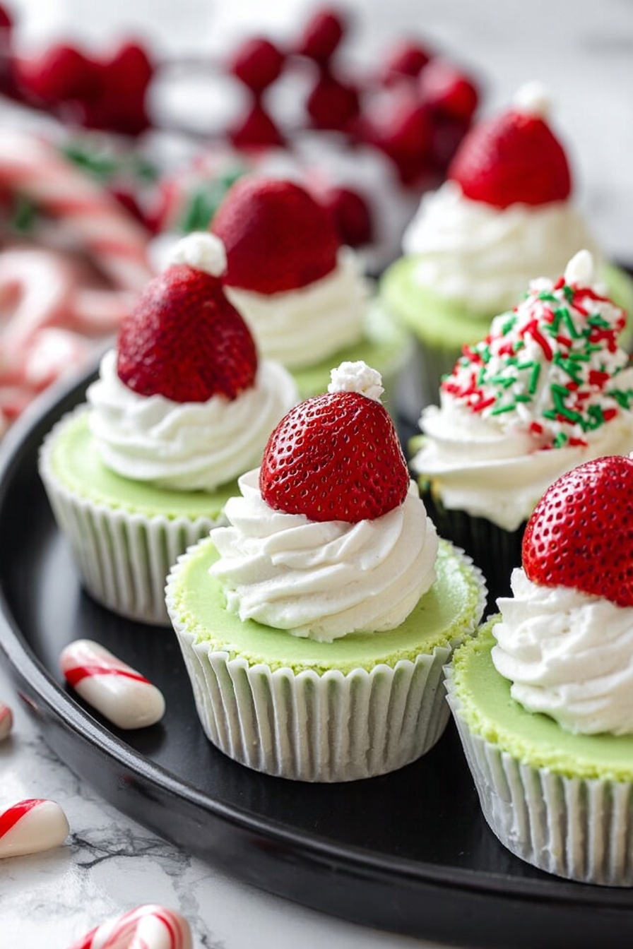 The image shows several mini green cheesecakes in white cupcake liners arranged on a dark round plate placed on a white marbled surface. Each cheesecake has a smooth pale green layer topped with white whipped cream. Some cheesecakes are decorated with whole red strawberries placed on top of a swirl of whipped cream, resembling little Santa hats. One cheesecake in the background has whipped cream topped with red and green sprinkles. The background also includes red berries and white peppermint candies blurred out. Photo taken with an iphone --ar 2:3 --v 7 - Grinch Mini Cheesecakes, festive cheesecake recipes, holiday dessert ideas, mini cheesecake desserts, colorful holiday treats