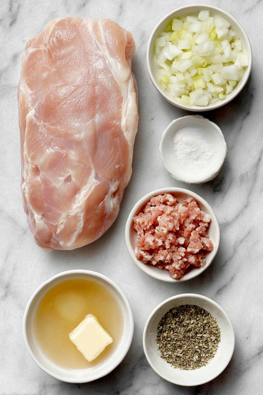 Flat lay of a whole skinless boneless turkey breast, a small mound of Italian sausage meat loose and raw, a few finely diced yellow onion pieces, some finely diced celery stalks, a small white bowl of golden softened unsalted butter, a small white bowl of light chicken broth, a small white bowl of kosher salt, a small white bowl of ground black pepper, a small white bowl of garlic powder, a neat pile of herb stuffing mix, placed on a clean white marble surface, soft natural light, photo taken with an iPhone, professional food photography style, fresh ingredients, white ceramic bowls, no bottles, no duplicates, no utensils, no packaging --ar 2:3 --v 7 --p m7354615311229779997 - Stuffed Turkey Roulade with Sausage, Turkey Roulade Recipe, Thanksgiving Turkey Stuffing, Savory Turkey Main Dish, Holiday Roasted Turkey