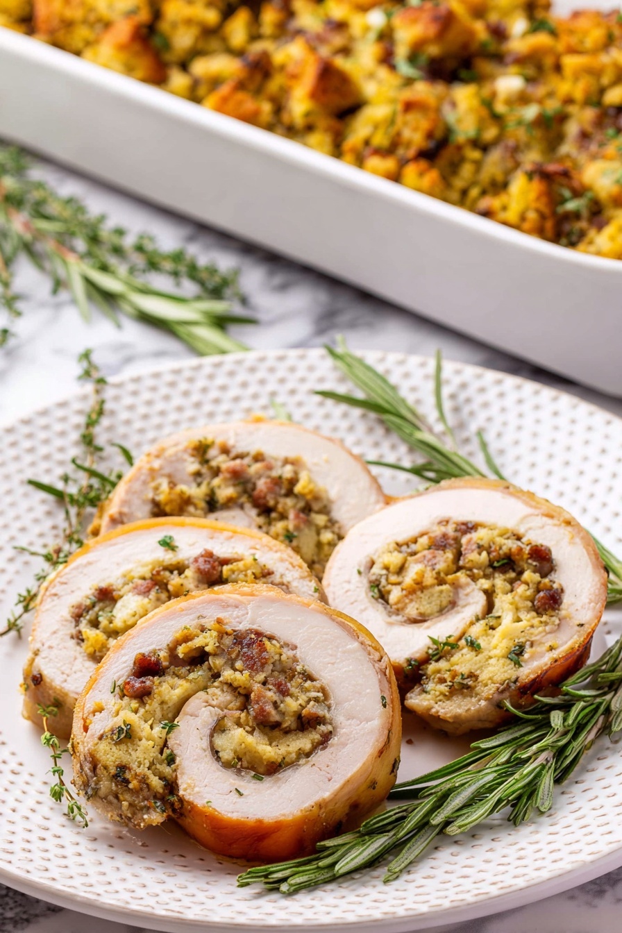 The image shows three thick slices of rolled turkey with a stuffing inside on a white plate with a dotted edge. The turkey skin is golden brown and slightly crispy, while the stuffing inside is a mix of light yellow and brown chunks, textured with herbs and small bits of sausage. There are fresh sprigs of green rosemary and thyme placed around the turkey slices on the plate. In the background, a white rectangular baking dish holds the same stuffing, which is a golden-brown mix with small visible herbs, resting on a white marbled surface. The photo taken with an iphone --ar 2:3 --v 7 - Stuffed Turkey Roulade with Sausage, Turkey Roulade Recipe, Thanksgiving Turkey Stuffing, Savory Turkey Main Dish, Holiday Roasted Turkey