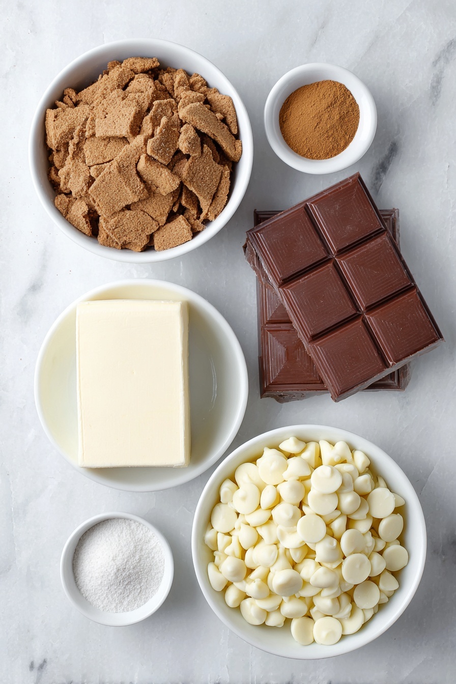 Flat lay of crushed gingerbread cookies in a simple white ceramic bowl, a whole block of cream cheese with one corner sliced revealing the creamy inside, a small white bowl with ground cinnamon powder, a small white bowl with ground nutmeg powder, a small white bowl with ground cloves powder, a small white bowl holding golden vanilla extract, and a simple white ceramic bowl filled with shiny white chocolate chips, placed on a clean white marble surface, soft natural light, photo taken with an iPhone, professional food photography style, fresh ingredients, white ceramic bowls, no bottles, no duplicates, no utensils, no packaging --ar 2:3 --v 7 --p m7354615311229779997 - Gingerbread Truffles, festive holiday treats, no-bake gingerbread desserts, spiced white chocolate truffles, easy holiday gift ideas