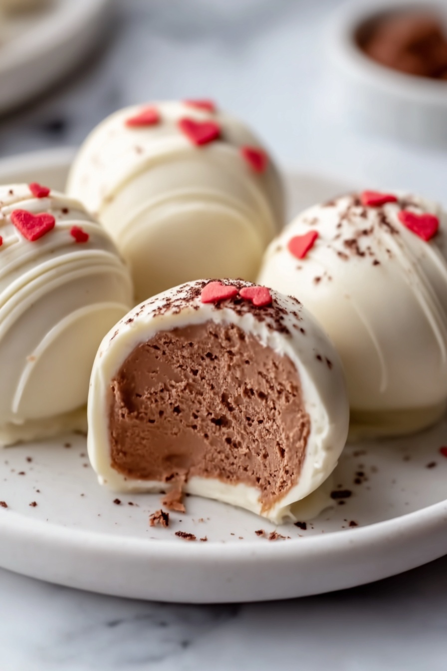 The image shows four round white chocolate-covered truffles placed on a white plate, which sits on a white marbled surface. Each truffle has a smooth, shiny white chocolate coating with a few small red heart-shaped sprinkles on top for decoration. One truffle is cut open to show the inside, revealing a rich, creamy milk chocolate filling with a soft texture. Some cocoa powder is lightly dusted on one of the truffles, adding a dark brown contrast to the white chocolate. The photo taken with an iphone --ar 2:3 --v 7 - Gingerbread Truffles, festive holiday treats, no-bake gingerbread desserts, spiced white chocolate truffles, easy holiday gift ideas