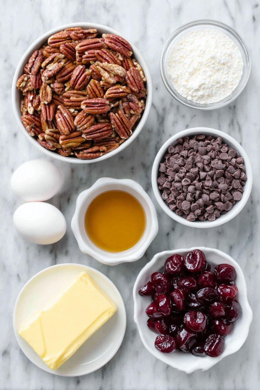 Flat lay of finely chopped pecans in a small white ceramic bowl, a small white bowl filled with amber bourbon liquid, finely chopped bright red maraschino cherries in a small white bowl, a stick of softened pale yellow butter on a white ceramic dish, a mound of white powdered sugar in a small white bowl, glossy semi-sweet chocolate chips in a small white bowl, two smooth white eggs, a small white bowl with solid white shortening or coconut oil, and bright red glossy candied cherry halves arranged neatly on a white ceramic plate, all placed on a clean white marble surface, soft natural light, photo taken with an iPhone, professional food photography style, fresh ingredients, white ceramic bowls, no bottles, no duplicates, no utensils, no packaging --ar 2:3 --v 7 --p m7354615311229779997 - Cherry Bourbon Balls, bourbon dessert balls, holiday cherry truffles, alcoholic treat recipes, chocolate cherry bites