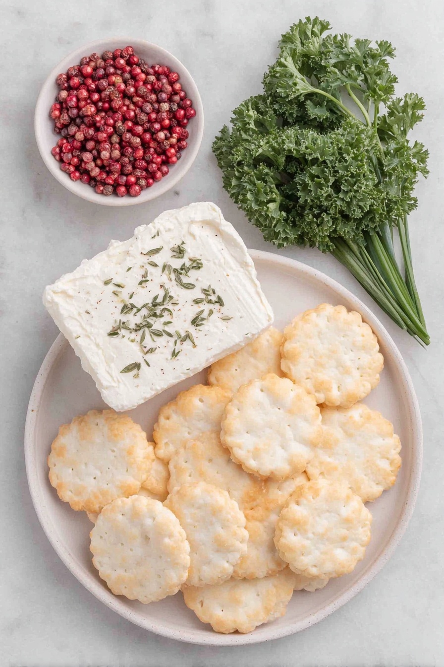 Flat lay of twelve round rice crackers arranged neatly, a small pile of fresh bright green curly parsley leaves, three long vibrant green chive stalks, a small square of creamy herbed goat cheese on a simple white ceramic plate, a cluster of a dozen vivid pink peppercorns in a small white ceramic bowl placed symmetrically, all placed on a clean white marble surface, soft natural light, photo taken with an iPhone, professional food photography style, fresh ingredients, white ceramic bowls, no bottles, no duplicates, no utensils, no packaging --ar 2:3 --v 7 --p m7354615311229779997 - Festive Goat Cheese Christmas Appetizer Bites, holiday appetizer ideas, easy Christmas party snacks, festive cheese appetizer recipes, holiday finger foods