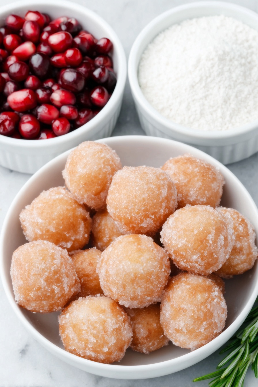 Flat lay of fresh golden donut holes dusted lightly with powdered sugar, a small white ceramic bowl filled with bright red pomegranate arils, several fresh green rosemary sprigs with vibrant needles, and a small white ceramic bowl holding fine white powdered sugar, all arranged symmetrically with balanced spacing, placed on a clean white marble surface, soft natural light, photo taken with an iPhone, professional food photography style, fresh ingredients, white ceramic bowls, no bottles, no duplicates, no utensils, no packaging --ar 2:3 --v 7 --p m7354615311229779997 - Christmas Donut Tree, festive holiday dessert, easy Christmas party treat, no-bake holiday dessert, Christmas dessert centerpiece