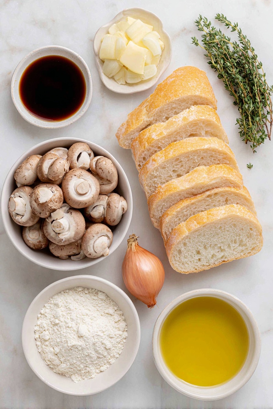 Flat lay of a small bunch of fresh thyme leaves, a cluster of whole cremini mushrooms, a single uncracked shallot with its natural skin, a fresh crusty baguette sliced into about fourteen thin pieces, a small white ceramic bowl filled with golden olive oil, another small white bowl containing dark amber sherry vinegar, a tiny white bowl with fine white flour, and a small bowl holding clear vegetable stock, all arranged with perfect symmetry on a clean white marble surface, soft natural light, photo taken with an iPhone, professional food photography style, fresh ingredients, white ceramic bowls, no bottles, no duplicates, no utensils, no packaging --ar 2:3 --v 7 --p m7354615311229779997 - Mushroom Thyme Crostini, mushroom crostini appetizer, easy mushroom crostini, elegant mushroom starter, quick vegetarian appetizers
