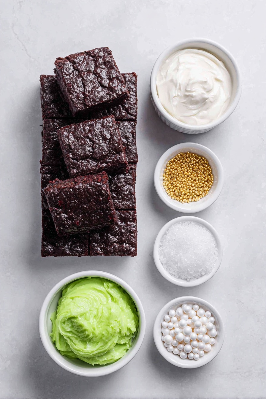 Flat lay of a stack of rich, square homemade brownies with a dark, fudgy texture, a small white ceramic bowl of smooth white frosting, another small white bowl with bright red-tinted frosting, a third small white bowl filled with vibrant green-tinted frosting, a handful of shiny edible gold star sprinkles scattered neatly next to a small pile of glossy white pearl sprinkles, all arranged with perfect symmetry and balance on a clean white marble surface, soft natural light, photo taken with an iPhone, professional food photography style, fresh ingredients, white ceramic bowls, no bottles, no duplicates, no utensils, no packaging --ar 2:3 --v 7 --p m7354615311229779997 - Festive Frosted Christmas Brownies, Christmas Brownies with Fudge and Frosting, Holiday Brownie Dessert, Colorful Christmas Brownies, Easy Christmas Brownies