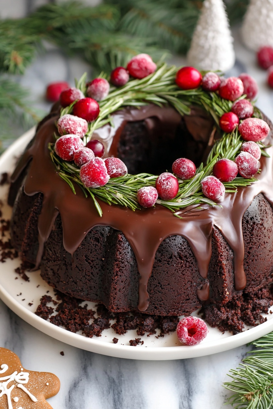A dark chocolate bundt cake with one thick layer, covered with smooth chocolate glaze that drips down the sides. The top is decorated like a Christmas wreath with green rosemary sprigs arranged around the ring, topped with red raspberries and cranberries placed evenly on the glaze. The cake is on a white plate with crumbled chocolate pieces scattered around the base. The setting includes green pine branches and a small gingerbread man cookie near the plate, all on a white marbled surface. Photo taken with an iphone --ar 2:3 --v 7 - Gingerbread Chocolate Bundt Cake, holiday gingerbread cake, chocolate festive dessert, easy Christmas cake, seasonal Bundt cake