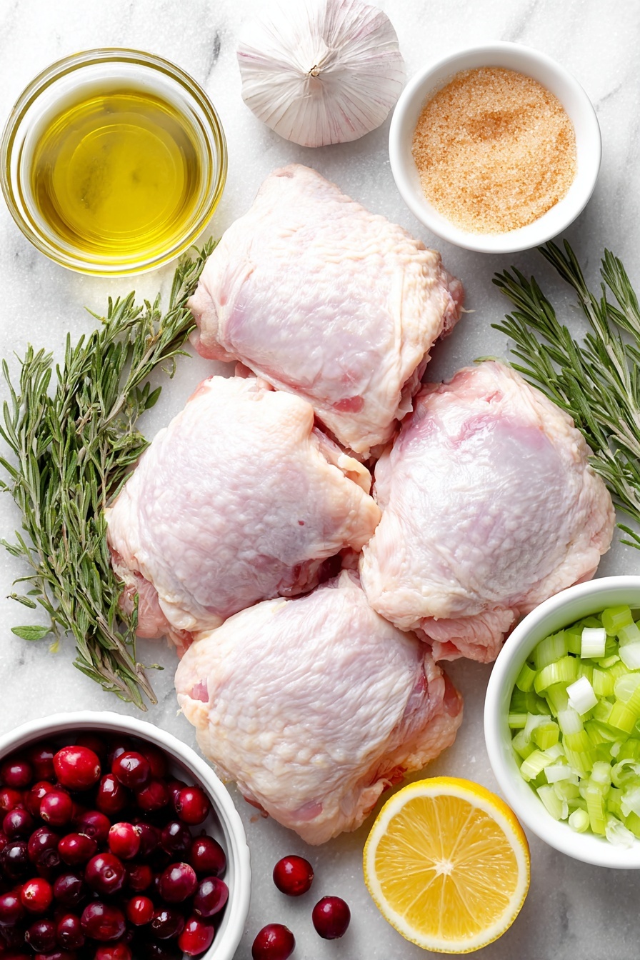 Flat lay of fresh whole bone-in skin-on chicken breasts and thighs arranged neatly, a small pile of bright red fresh cranberries, a small white ceramic bowl filled with golden brown sugar, a small white bowl holding clear white wine vinegar, a small bunch of vibrant green fresh rosemary sprigs, several whole uncracked garlic cloves with papery skins intact, a small white bowl of extra virgin olive oil, chopped pale green celery stalks, chopped large yellow onion pieces, a whole fresh lemon halved to show juicy bright yellow interior, a few sprigs of rosemary for garnish, placed on a clean white marble surface, soft natural light, photo taken with an iPhone, professional food photography style, fresh ingredients, white ceramic bowls, no bottles, no duplicates, no utensils, no packaging --ar 2:3 --v 7 --p m7354615311229779997 - Cranberry Rosemary Baked Chicken, festive chicken dinner, easy holiday chicken recipe, flavorful baked chicken with cranberries, rosemary chicken dinner
