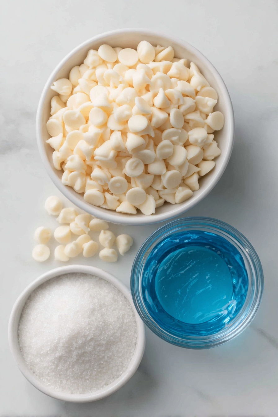 Flat lay of white chocolate chips scattered loosely, a small white ceramic bowl of heavy cream, a small white ceramic bowl filled with vibrant blue liquid Blue Curacao, and a small white ceramic bowl holding sparkling white sanding sugar, all arranged symmetrically and balanced, placed on a clean white marble surface, soft natural light, photo taken with an iPhone, professional food photography style, fresh ingredients, white ceramic bowls, no bottles, no duplicates, no utensils, no packaging --ar 2:3 --v 7 --p m7354615311229779997 - Blue Christmas Truffles, festive chocolate truffles, holiday dessert ideas, citrus truffle recipes, easy Christmas treats