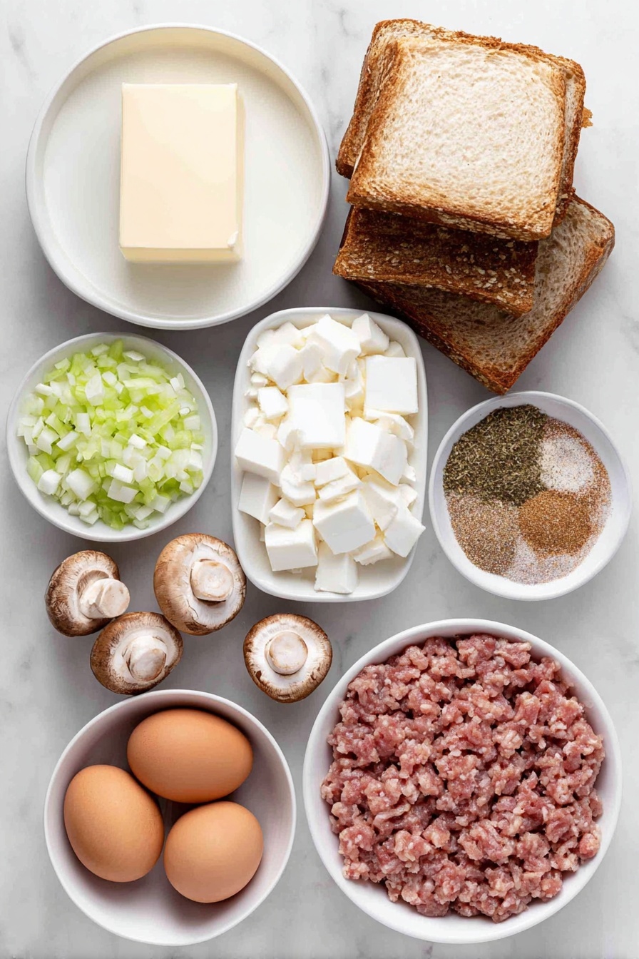 Flat lay of one stick of smooth golden butter, a small mound of pale diced celery, a small pile of finely chopped white onion, a cluster of fresh whole cremini mushrooms, a few rustic cubes of crusty French rolls, two whole uncracked brown eggs, a small white ceramic bowl with creamy milk, a small white ceramic bowl filled with light golden chicken broth, a small heap of raw, coarsely ground pork breakfast sausage, and a neat pile of mixed ground poultry seasoning, garlic powder, salt, and pepper powders, all arranged symmetrically and balanced, placed on a clean white marble surface, soft natural light, photo taken with an iPhone, professional food photography style, fresh ingredients, white ceramic bowls, no bottles, no duplicates, no utensils, no packaging --ar 2:3 --v 7 --p m7354615311229779997 - Best Sausage Stuffing for Thanksgiving, savory sausage stuffing, holiday stuffing recipe, easy sausage stuffing, flavorful Thanksgiving side dish