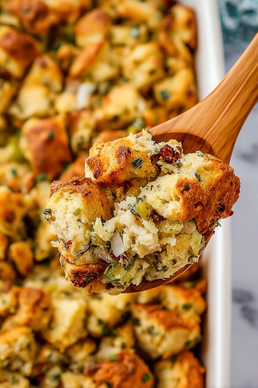 A close-up of a wooden spoon holding a scoop of baked stuffing, showing three to four pieces of golden-brown bread with a crispy texture mixed with layers of green herbs and bits of soft cooked onions, all slightly moist and fluffy inside. The background shows a white baking dish filled with more chunks of the same stuffing layered densely, with a mix of golden crust and soft inside visible, placed on a white marbled surface. Photo taken with an iphone --ar 2:3 --v 7 - Homemade Stuffing For Thanksgiving, Thanksgiving Stuffing Recipe, Easy Thanksgiving Side Dish, Savory Bread Stuffing, Classic Holiday Stuffing