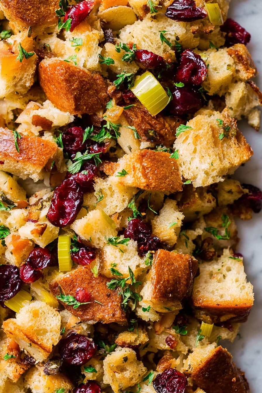 The image shows a close-up of a mixed stuffing with three main visible layers of ingredients. The bottom layer has soft, torn pieces of golden-brown toasted bread with a crisp texture on some edges. The middle layer contains small light yellow chunks of cooked apple and celery, adding a juicy and crunchy look. The top layer is scattered with bright red dried cranberries and green chopped parsley leaves, giving a fresh and colorful touch. All these layers blend closely together, showing a mix of soft, crunchy, and chewy textures. The background is a white marbled surface. photo taken with an iphone --ar 2:3 --v 7 - Cranberry Apple Sourdough Stuffing, holiday stuffing recipes, easy stuffing with cranberries and apples, savory sourdough stuffing, festive holiday side dish