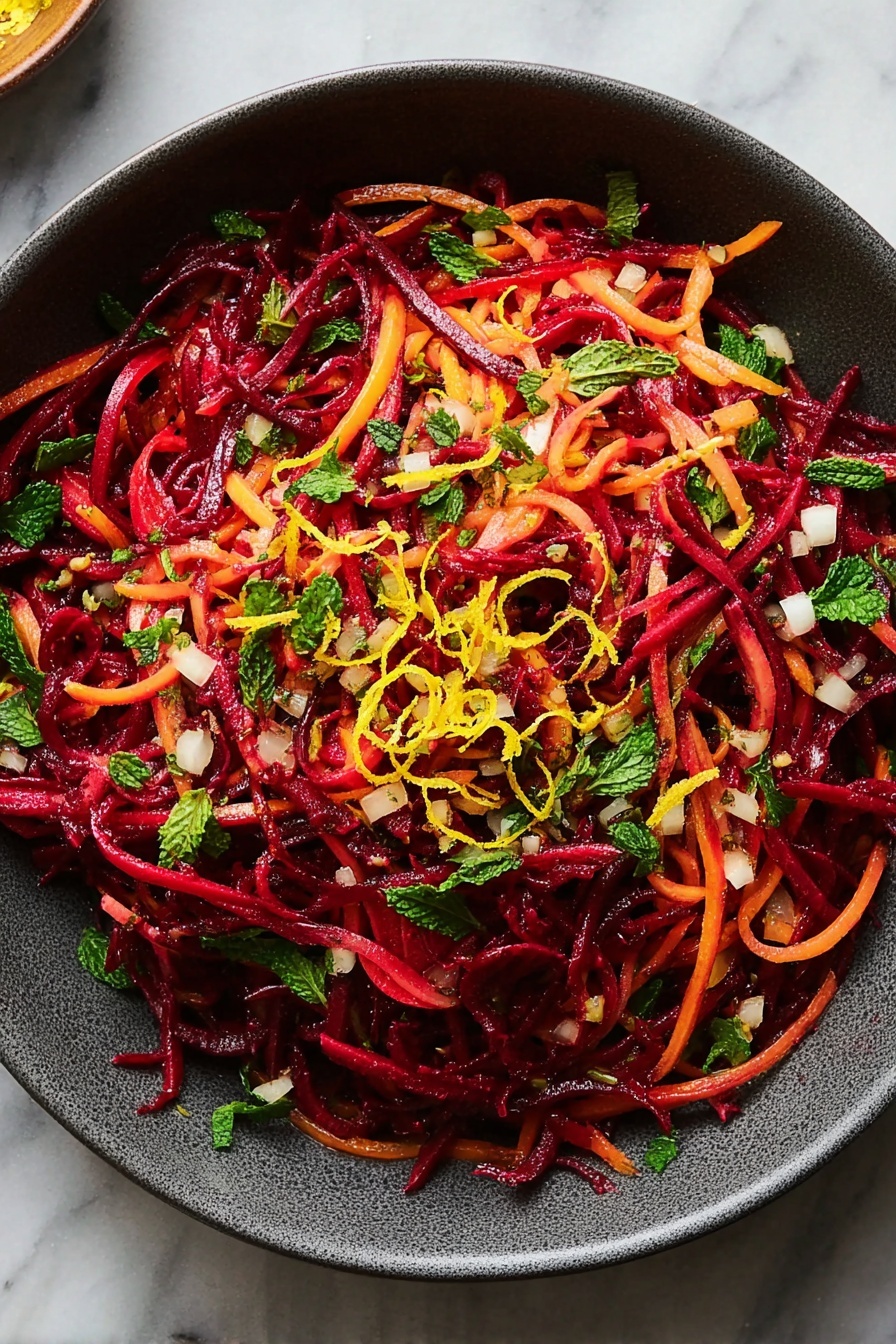 A dark gray bowl filled with a colorful salad made of thin, long strands of deep red beets layered with thin orange carrot strips, scattered with fresh green mint leaves and parsley, small diced white bits, and thin yellow lemon zest curls spread evenly on top, all sitting on a white marbled surface, photo taken with an iphone --ar 2:3 --v 7 - Grated Beet Salad with Fresh Herbs, beet salad recipe, healthy beet salads, quick veggie salad, fresh herb salad ideas