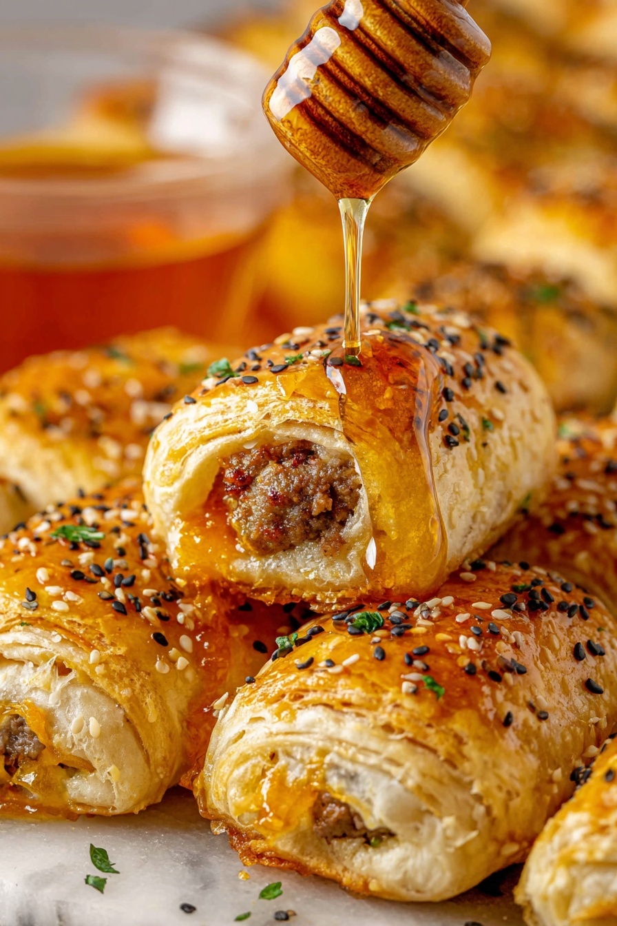 A close-up view of golden brown sausage rolls arranged side by side on a white marbled surface, each roll showing flaky, layered pastry with a shiny glazed top speckled with black and white sesame seeds and bits of green herbs. One sausage roll is held slightly above the rest, partially open at the end, revealing a juicy, crumbly meat filling mixed with melted orange cheese inside. Above the open sausage roll, amber honey is being drizzled slowly from a wooden honey dipper, creating a glossy stream of honey that falls onto the pastry. A translucent glass bowl filled with more honey appears blurred to the left in the background. photo taken with an iphone --ar 2:3 --v 7 - Hot Honey Sausage Rolls with Thyme, Sausage Roll Recipes, Savory Pastry Snacks, Spicy Honey Appetizer, Flaky Sausage Pastry