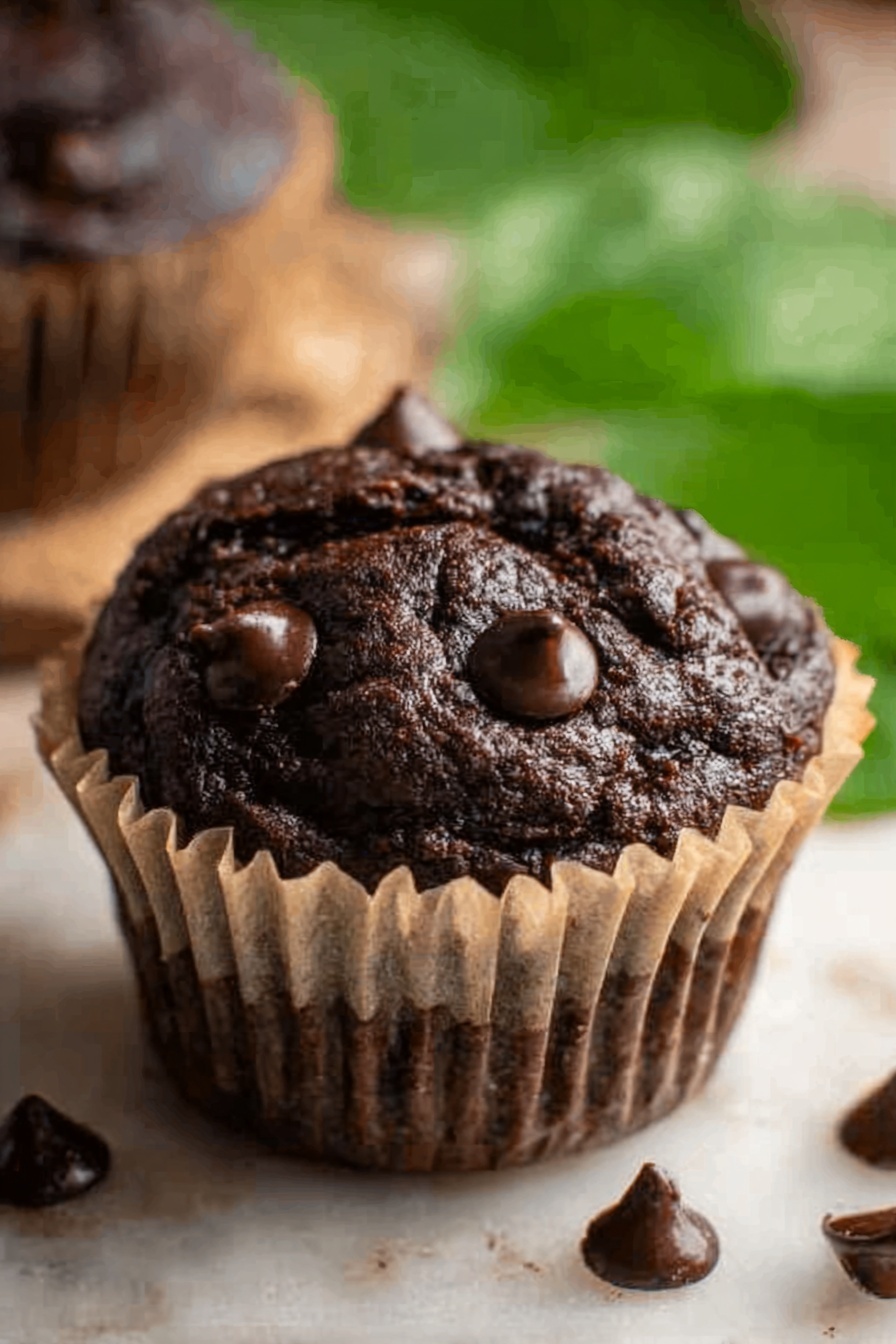 A close-up of a dark chocolate muffin sitting on a wrinkled beige paper liner, with several shiny dark chocolate chips scattered on top and around the muffin. The muffin has a rough, textured top with slight cracks and a rich dark brown color. The background has a soft focus with green leaves blurred behind. The surface under the muffin is white marbled texture. photo taken with an iphone --ar 2:3 --v 7 - Chocolate Spinach Muffins, healthy chocolate muffins, nutritious spinach muffins, easy chocolate muffin recipe, veggie-packed chocolate treats