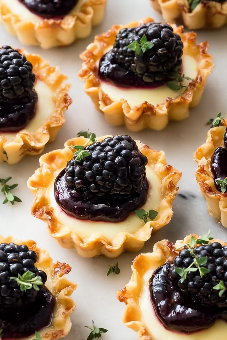 The image shows many small tartlets arranged closely on a white marbled surface. Each tartlet has a golden, crispy shell with ruffled edges. Inside, there is a smooth, creamy pale yellow layer topped with a glossy dark purple blackberry compote. A shiny, plump blackberry is placed on top of the compote in each tartlet. Small green herb leaves are sprinkled around the tartlets and on top for decoration. The light highlights the textures, making the blackberries look juicy and the tart shells crisp. photo taken with an iphone --ar 2:3 --v 7 - Brie and Blackberry Phyllo Cups, Brie and Blackberry Appetizer, Elegant BlackBerry Phyllo Bites, Easy Brie and Fruit Hors d'Oeuvre, Gourmet Brie Phyllo Cups