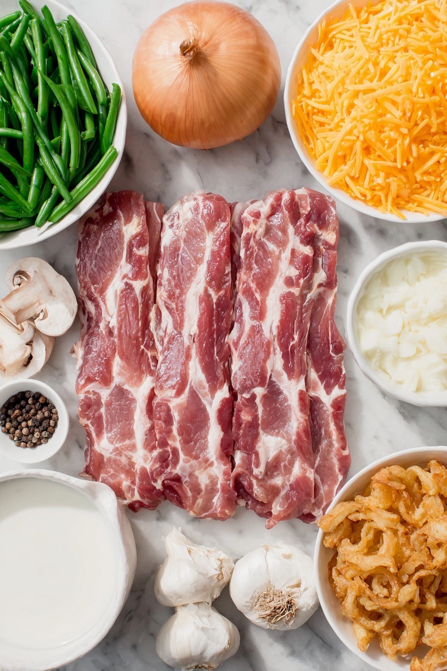 Flat lay of six raw bacon strips with visible marbling, a halved yellow onion showing its crisp layers, a small mound of chopped fresh button mushrooms, three garlic cloves with papery skins intact, a small white ceramic bowl filled with creamy mushroom soup, a small white bowl holding whole milk, a neat pile of shredded Monterey Jack cheese, a pinch of coarse salt crystals and whole black peppercorns arranged side by side, a small white bowl containing freshly drained cut green beans, and a small white bowl filled with golden French fried onions, all placed on a clean white marble surface, soft natural light, photo taken with an iPhone, professional food photography style, fresh ingredients, white ceramic bowls, no bottles, no duplicates, no utensils, no packaging --ar 2:3 --v 7 --p m7354615311229779997 - Green Bean Casserole with Mushrooms and Bacon, green bean casserole recipe, easy holiday casserole, savory mushroom bacon casserole, comforting green bean dish