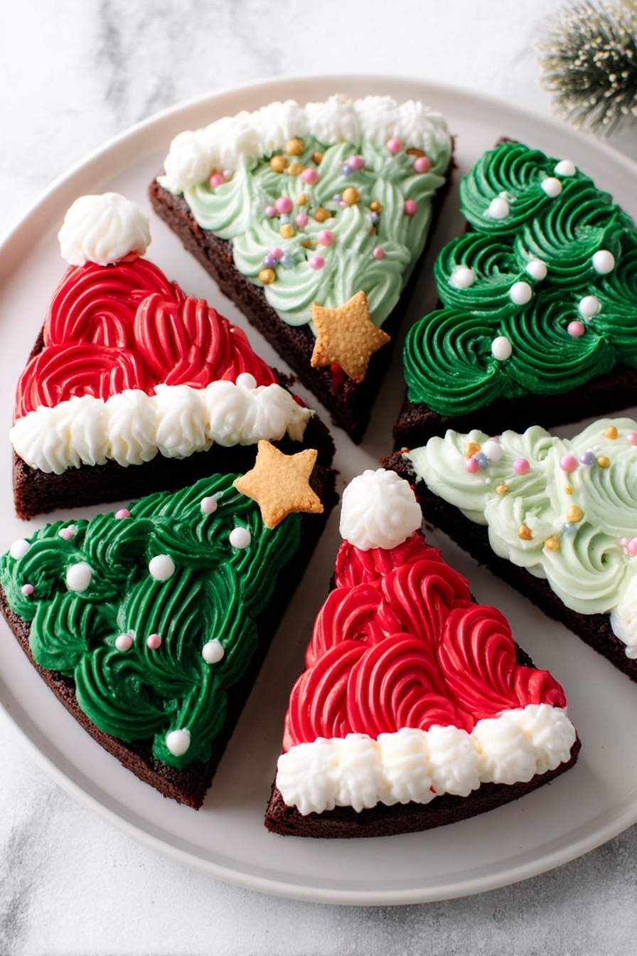 The image shows six triangular chocolate cake slices placed on a large white plate with a white marbled background. Three slices are decorated like Santa hats with smooth red icing swirls covering the top, a band of white fluffy icing at the base, and a small white icing pompom on the point. The other three slices are decorated like Christmas trees with green icing swirls, small white round sprinkles resembling snow, and a small yellow star-shaped biscuit at the top point. The cakes are arranged in a circle, alternating red and green decorated slices. Photo taken with an iphone --ar 2:3 --v 7 - Festive Frosted Christmas Brownies, Christmas Brownies with Fudge and Frosting, Holiday Brownie Dessert, Colorful Christmas Brownies, Easy Christmas Brownies