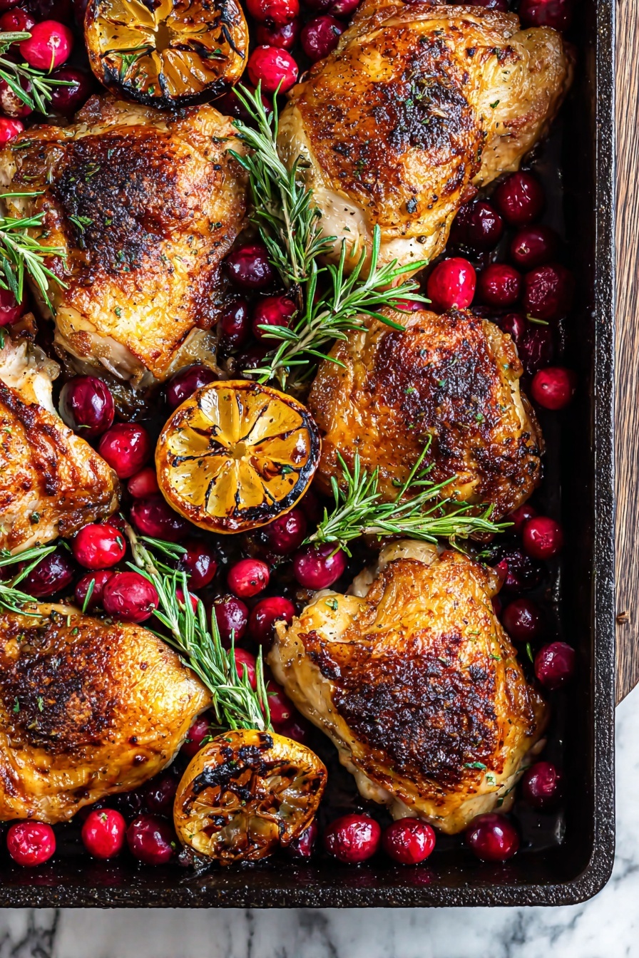A black roasting pan filled with five pieces of browned roasted chicken with crispy skin, spread across the pan. Inside and around the chicken are bright red fresh cranberries and small green rosemary sprigs. Two halves of a charred lemon with golden browned edges are placed among the chicken. The pan rests on a surface with a white marbled texture. The lighting highlights the juicy texture and rich golden brown colors of the roasted chicken and the vibrant reds of the cranberries photo taken with an iphone --ar 2:3 --v 7 - Cranberry Rosemary Baked Chicken, festive chicken dinner, easy holiday chicken recipe, flavorful baked chicken with cranberries, rosemary chicken dinner