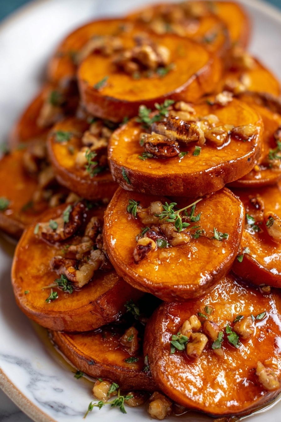 A close-up of many cooked sweet potato slices stacked on a white plate, each slice having a warm orange-brown color with a shiny glazed surface. On top of each slice, there are small pieces of chopped nuts that look crunchy and light brown, mixed with tiny fresh green herb leaves. The sweet potato edges are slightly darker and caramelized, creating a rich contrast with the orange inside. The plate sits on a white marbled surface, and the focus is sharp, showing the texture of the glaze and nuts clearly. photo taken with an iphone --ar 2:3 --v 7 - Maple Pecan Roasted Sweet Potatoes, roasted sweet potatoes with maple syrup, sweet potato side dish, holiday sweet potato recipes, easy roasted sweet potato recipe