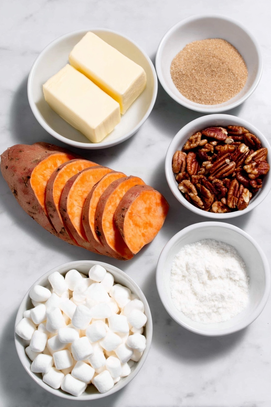 Flat lay of peeled sweet potatoes sliced into thin medallions arranged neatly, a small white ceramic bowl of unsalted butter, a small white ceramic bowl filled with light brown sugar, a small white ceramic bowl containing water, small white ceramic bowls with ground cinnamon, ground cloves, ground nutmeg, and salt each shown as fine powders, a small white ceramic bowl with roughly chopped pecans, and a small white ceramic bowl filled with mini white marshmallows, all ingredients fresh and natural, perfectly symmetrical layout, placed on a clean white marble surface, soft natural light, photo taken with an iPhone, professional food photography style, fresh ingredients, white ceramic bowls, no bottles, no duplicates, no utensils, no packaging --ar 2:3 --v 7 --p m7354615311229779997 - Sweet Potatoes with Spiced Marshmallow Topping, holiday sweet potato casserole, cozy holiday side dish, festive sweet potato recipes, easy marshmallow-topped sweet potatoes