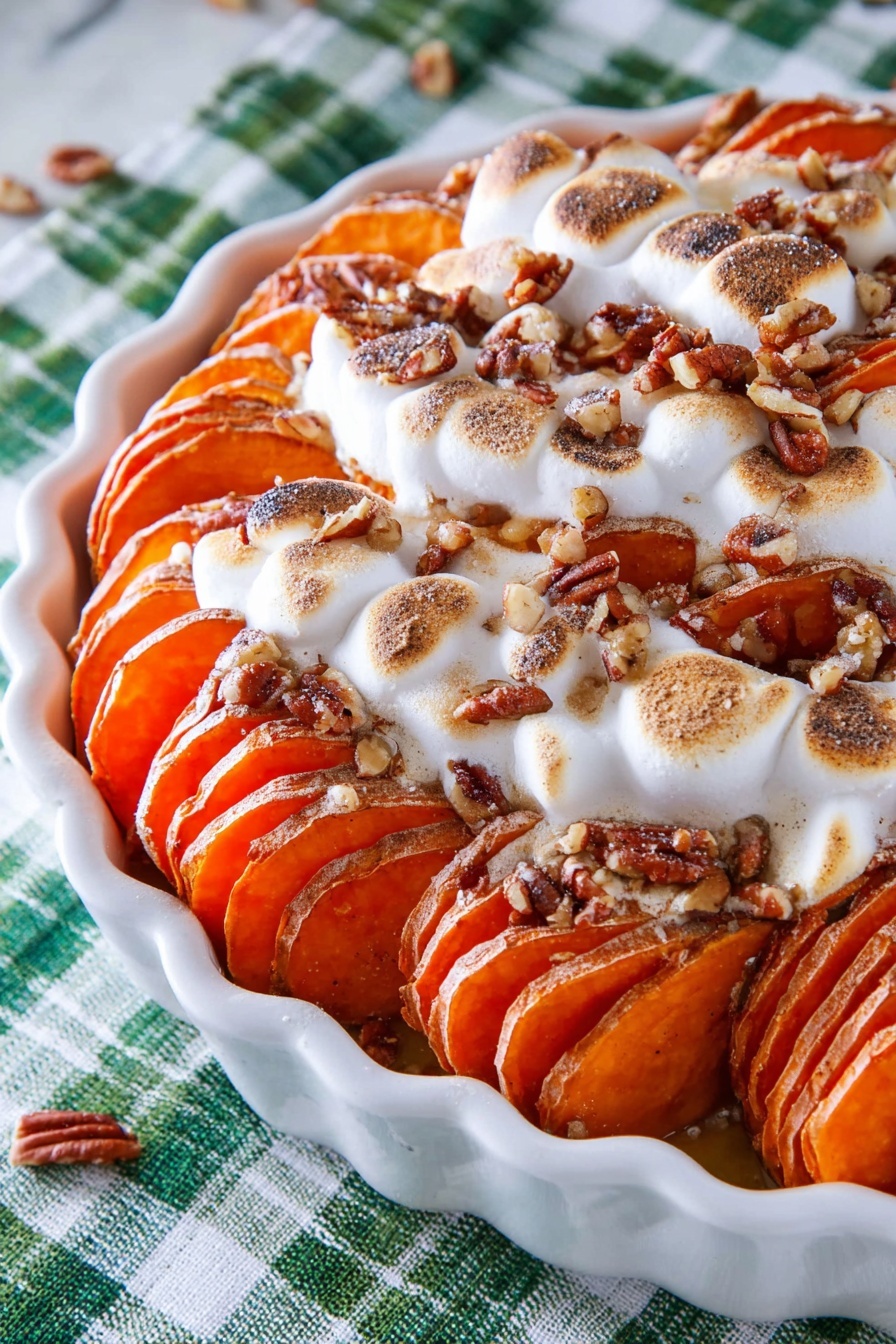 The dish shows three tall stacks of sliced sweet potatoes arranged closely on a white scalloped dish, each slice bright orange with a soft texture. Melted and slightly browned marshmallows cover parts of the sweet potatoes, creating a white and light golden layer with a bubbly texture. Scattered around and between the stacks are small pieces of chopped pecans, adding a crunchy texture and a dark brown color contrast. The dish sits on a green and white plaid cloth with a white marbled surface underneath. The overall look is warm, soft, and inviting with a mix of smooth, crispy, and nutty textures photo taken with an iphone --ar 2:3 --v 7 - Sweet Potatoes with Spiced Marshmallow Topping, holiday sweet potato casserole, cozy holiday side dish, festive sweet potato recipes, easy marshmallow-topped sweet potatoes
