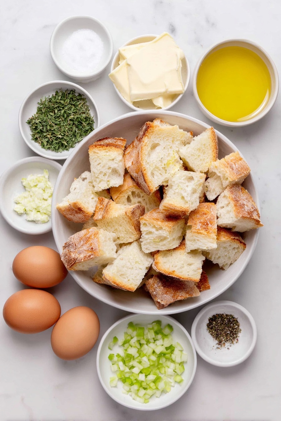 Flat lay of cubed toasted Texas toast bread piled loosely in a large white ceramic bowl, a small white ceramic bowl of melted unsalted butter, diced white onion in a neat pile, sliced celery stalks arranged in a small cluster, a small white ceramic bowl of minced fresh garlic, fresh sage leaves scattered beside minced fresh sage in a small white ceramic bowl, a small pile of minced fresh parsley, three whole brown eggs with clean shells, a small white ceramic bowl filled with golden chicken broth, a small white ceramic bowl of minced fresh thyme, a small white ceramic bowl of kosher salt crystals, a small white ceramic bowl with freshly cracked black pepper grains, all ingredients spaced evenly and symmetrically, placed on a clean white marble surface, soft natural light, photo taken with an iPhone, professional food photography style, fresh ingredients, white ceramic bowls, no bottles, no duplicates, no utensils, no packaging --ar 2:3 --v 7 --p m7354615311229779997 - Homemade Stuffing For Thanksgiving, Thanksgiving Stuffing Recipe, Easy Thanksgiving Side Dish, Savory Bread Stuffing, Classic Holiday Stuffing