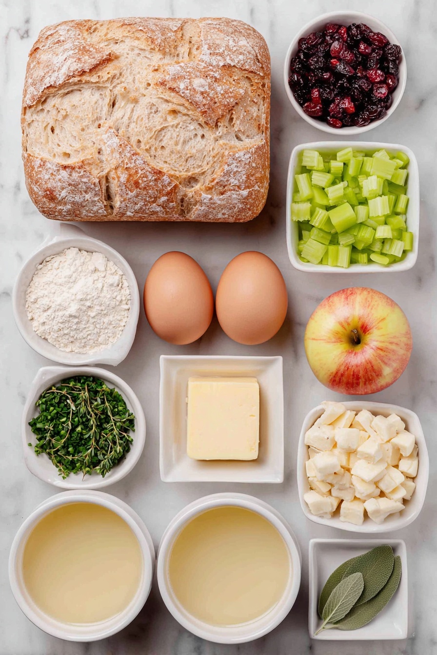 Flat lay of a small rustic loaf of artisan sourdough bread cut into cubes scattered loosely, a few bright green celery stalks diced finely, a small mound of diced yellow onion, two whole uncracked brown eggs with clean shells, a few Honeycrisp apples diced showing their red and yellow skin, a handful of glossy dried cranberries, a small pile of chopped flat leaf parsley, a small bunch of fresh thyme sprigs with tiny green leaves, a few fresh rosemary sprigs with needle-like leaves, a few fresh sage leaves finely chopped showing their soft texture, a small square pat of unsalted butter, and two small white ceramic bowls filled with pale golden chicken broth and diced butter respectively, all arranged symmetrically and naturally on a clean white marble surface, soft natural light, photo taken with an iPhone, professional food photography style, fresh ingredients, white ceramic bowls, no bottles, no duplicates, no utensils, no packaging --ar 2:3 --v 7 --p m7354615311229779997 - Cranberry Apple Sourdough Stuffing, holiday stuffing recipes, easy stuffing with cranberries and apples, savory sourdough stuffing, festive holiday side dish