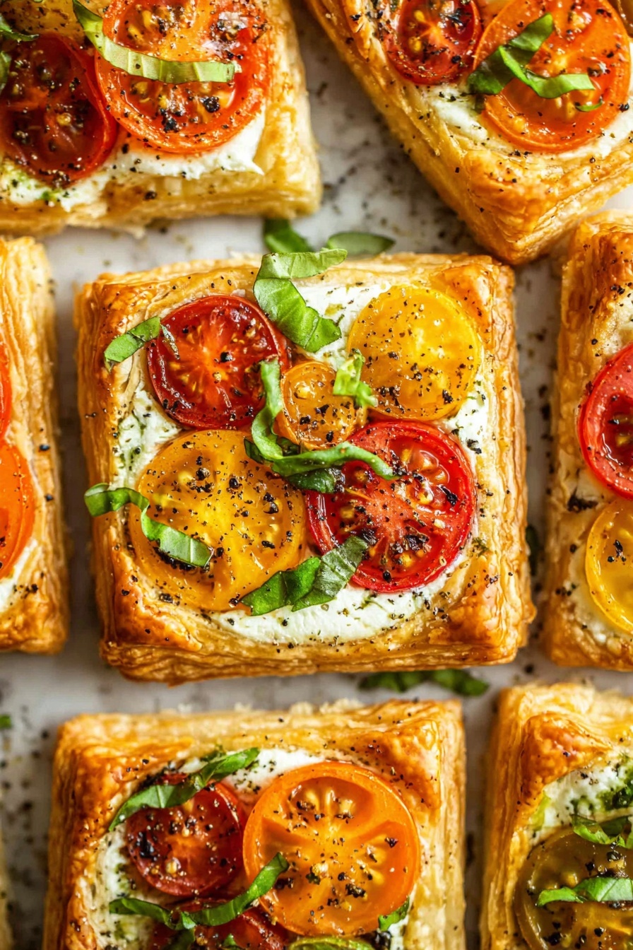 The image shows several square puff pastry tarts arranged close together on a white marbled surface. Each tart has a golden-brown, flaky crust with raised edges creating a border. Inside the border is a creamy white cheese layer that looks soft and smooth. On top, there are halved cherry tomatoes in red, orange, and yellow colors, slightly roasted with a light char, placed evenly. Thin strips of fresh green basil are scattered over the tomatoes, adding a fresh touch. The tarts are sprinkled with black pepper, adding small dark specks contrast to the bright colors. The lighting highlights the shiny, crisp texture of the puff pastry and the vibrant colors of the tomatoes. photo taken with an iphone --ar 2:3 --v 7 - Tomato Ricotta Puff Pastry Tartlets, easy appetizer recipes, savory tartlets, flaky puff pastry recipes, roasted tomato appetizers