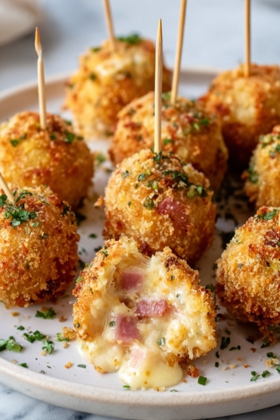 The image shows a white plate on a white marbled surface filled with golden brown crispy balls. Each ball is coated in crunchy breadcrumbs, and one ball in the front is cut open to show a creamy inside with small pieces of pink ham and melted cheese. Toothpicks stick out from the top of each ball, making them easy to pick up. Some green herbs are sprinkled around the plate for decoration. photo taken with an iphone --ar 2:3 --v 7 - Air Fryer Chicken Cordon Bleu Bites, chicken cordon bleu bites, crispy chicken bites, easy appetizer recipes, party snack ideas