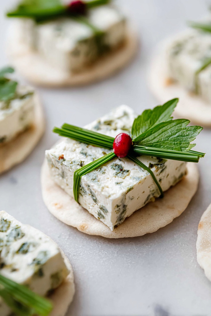 The image shows small round white flatbreads as the base, each topped with a square piece of white cheese speckled with herbs. On top of the cheese, there is a green decoration made of two chive stalks crossed like a ribbon, holding a small green leaf and a single small red berry in the center, making it look like a tiny wrapped gift. The flatbreads and cheese have soft, smooth textures, while the herbs and leaves add fresh green details. These bites are arranged on a white marbled surface in a close-up shot. photo taken with an iphone --ar 2:3 --v 7 - Festive Goat Cheese Christmas Appetizer Bites, holiday appetizer ideas, easy Christmas party snacks, festive cheese appetizer recipes, holiday finger foods